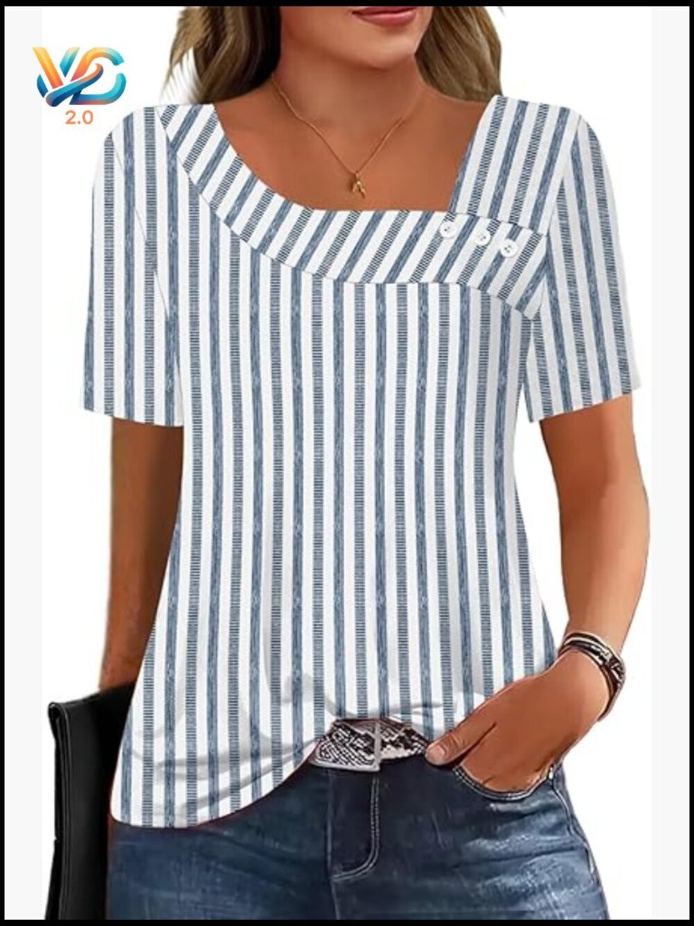 Asymmetrical Square Neck Button Down Blouse Casual Flowy Summer Top